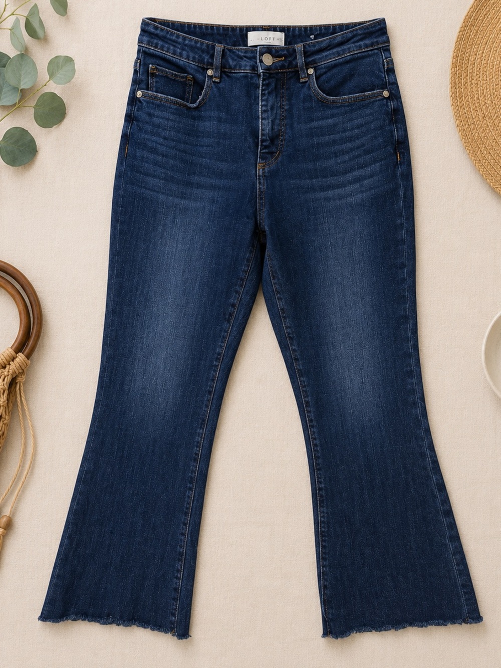LOFT Curvy High Rise Crop Flare Jeans Size 28 Dark Wash Raw Hem Stretch Denim